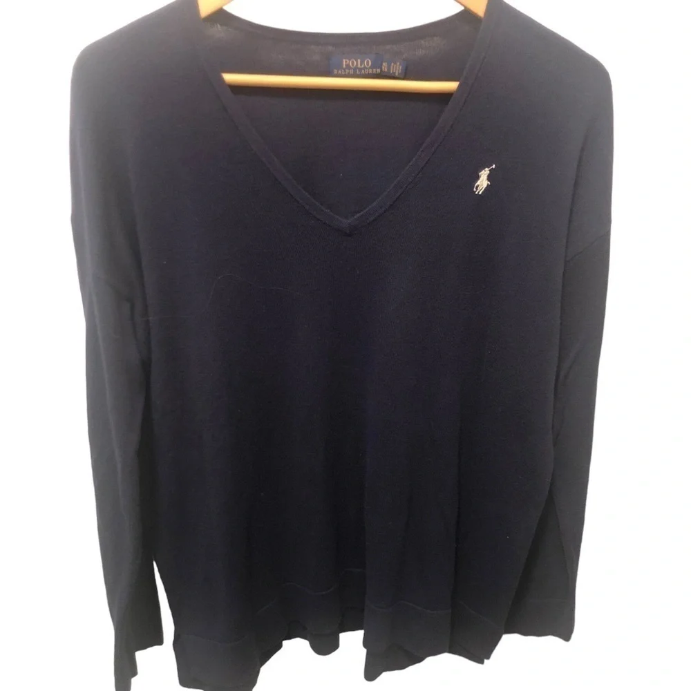 Polo Ralph Lauren V~Neck Sweater XL Navy Cashmere Blend White Pony Casual Soft